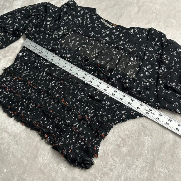 Free People Lolita Top Womens Large Black Floral Long Sleeve Smocked Square Neck - Picture 11 of 13